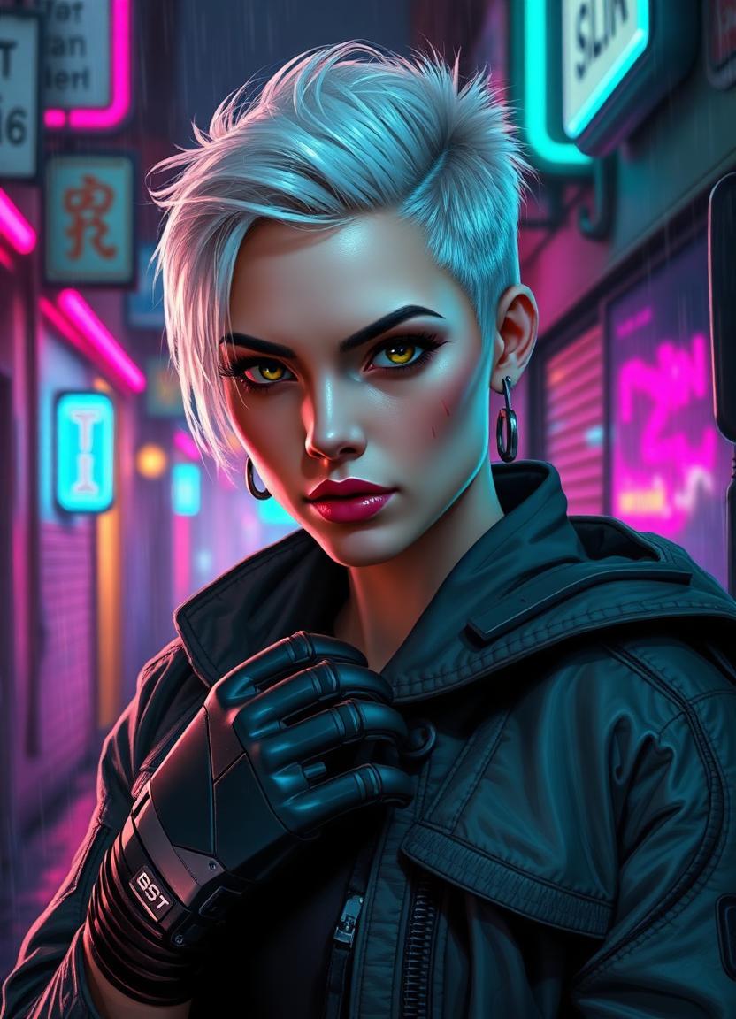 Nova — cyberpunk mercenary with a chrome arm in a neon rainy alley