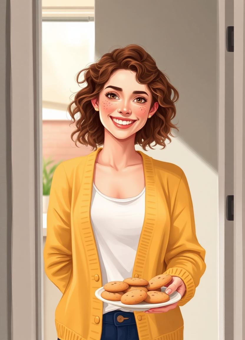 Mila — cheerful neighbour in a mustard cardigan holding a plate of cookies