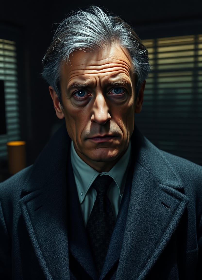 Otto — weary noir detective in a rumpled overcoat in a blind-shadowed office