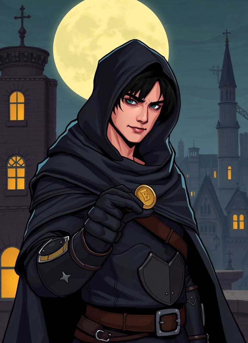 Sable — hooded thief flipping a coin on a moonlit city rooftop