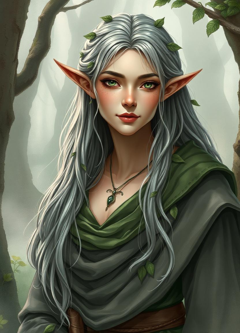 Elowen — forest elf with silver hair and leaf-woven braids in misty woodland