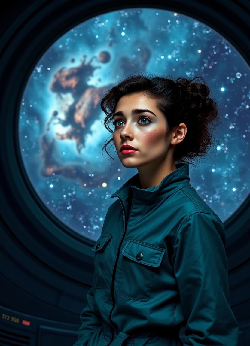 Lyra — astronomer in a teal jumpsuit before a nebula-filled viewport