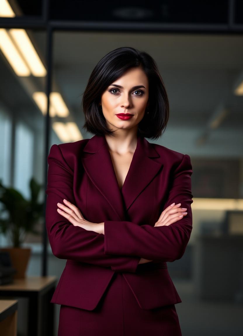 Valentina — commanding woman in a tailored burgundy suit in a dim office