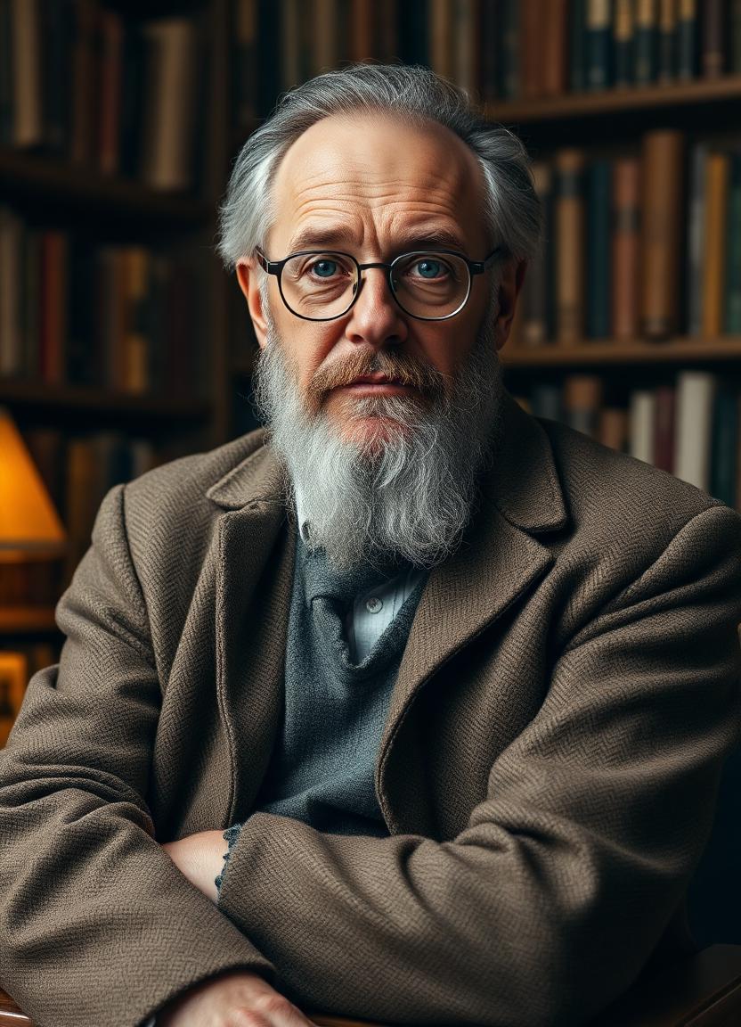 Aristide — bearded philosophy professor in tweed in a book-lined study