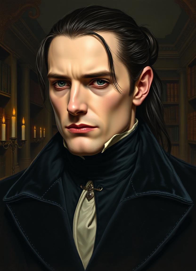 Lucien — gothic vampire in a black velvet coat in a candlelit library