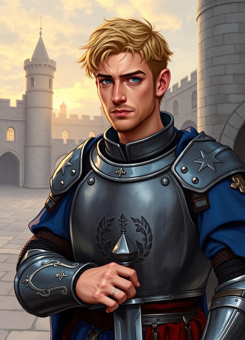 Rowan — earnest knight in dented steel armour in a castle courtyard at dawn