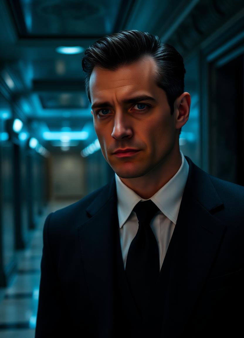 Dorian — calculating man in a black three-piece suit in a cold marble hallway