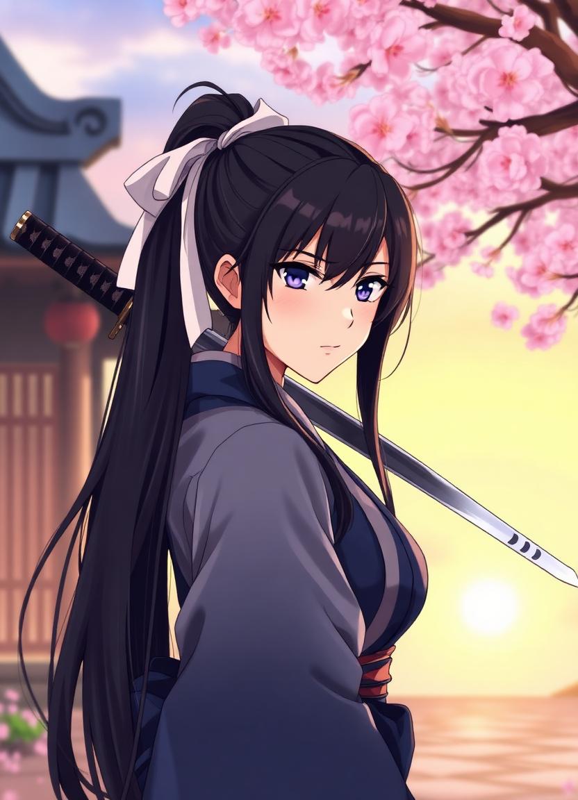 Yuki — anime swordswoman with a high ponytail among cherry blossoms