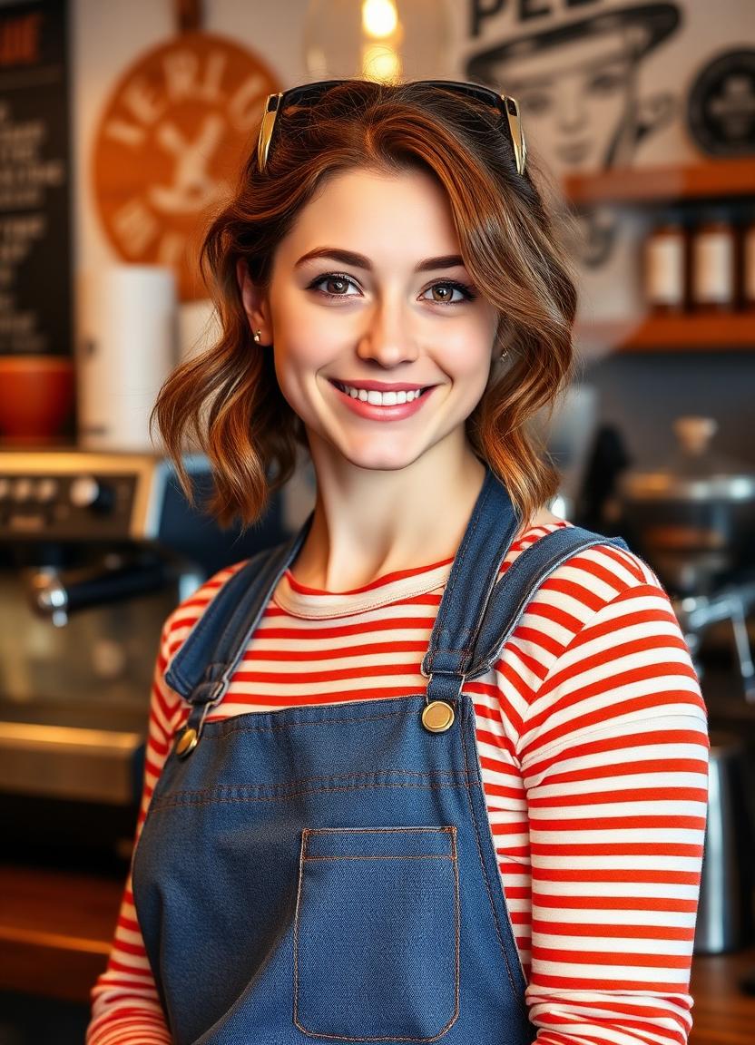 Sam — warm barista in a denim apron in a cozy coffee shop