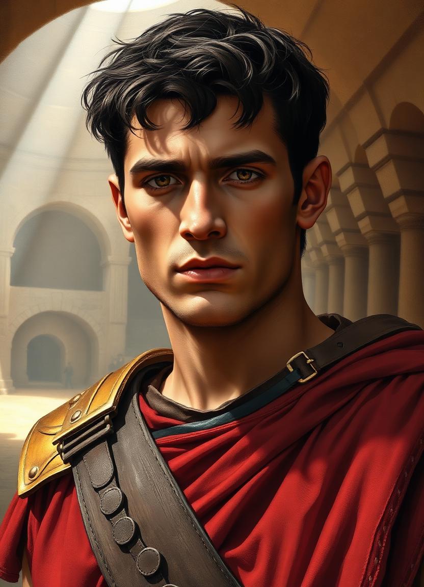 Cassius — Roman gladiator in a bronze shoulder guard and red cloak in an arena tunnel