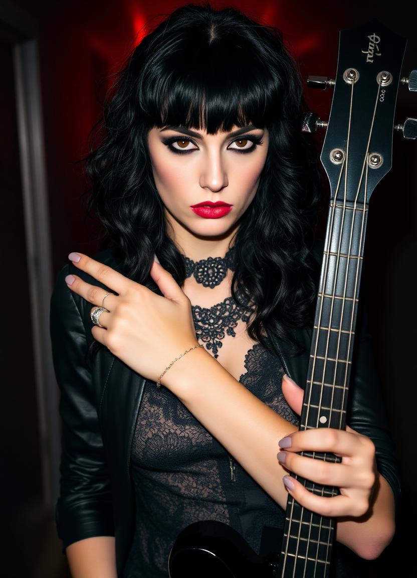 Ines — gothic bassist in black lace and leather in a red-lit backstage corridor