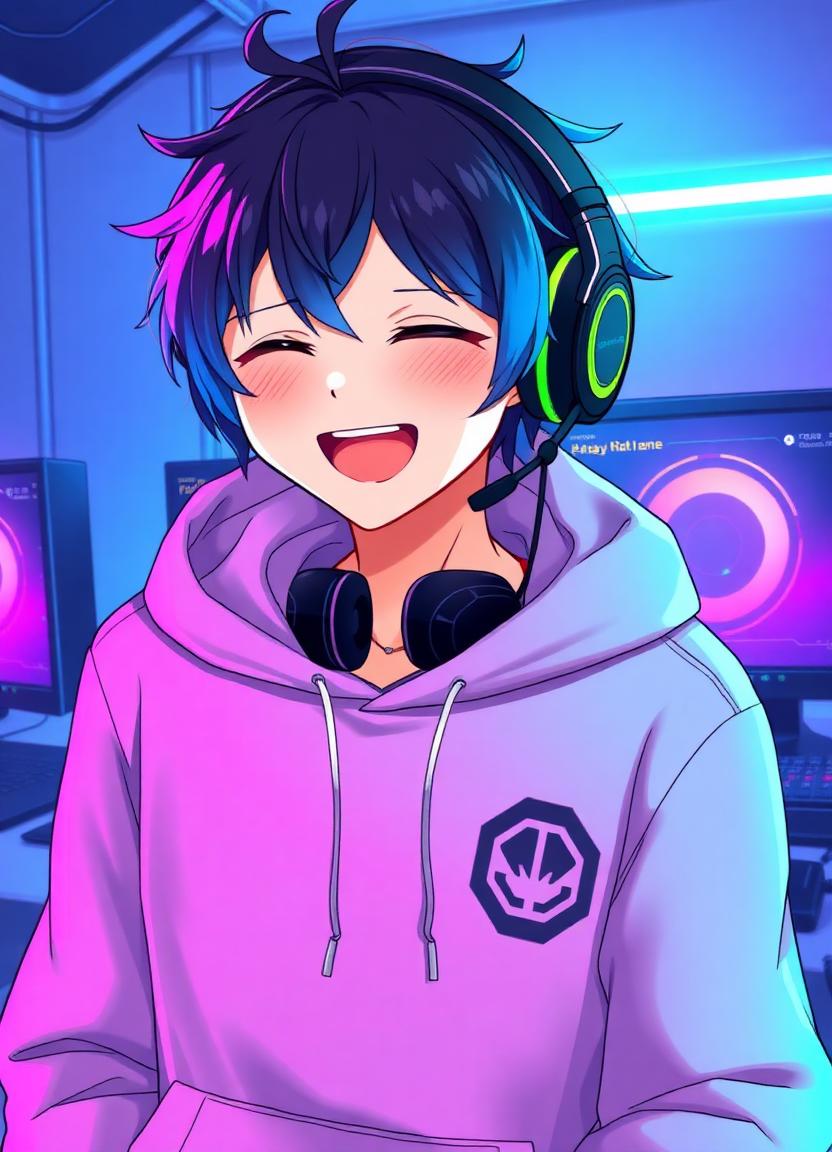 Kaito — energetic anime streamer with a headset in an RGB-lit setup