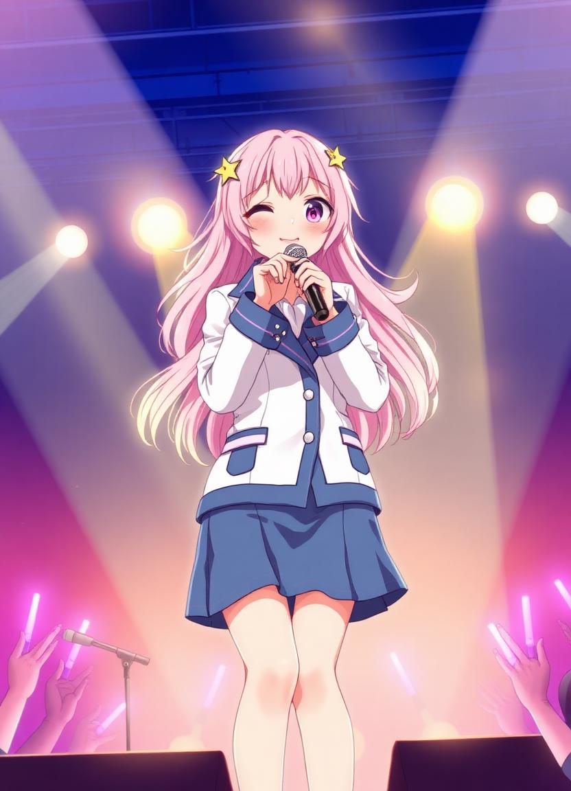 Celeste — pastel-haired anime idol singing under concert spotlights