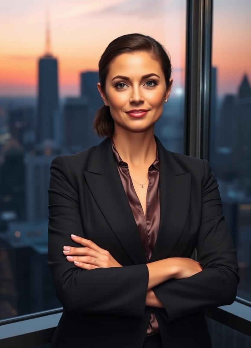 Seraphine — composed executive in a charcoal blazer in a skyline office at dusk