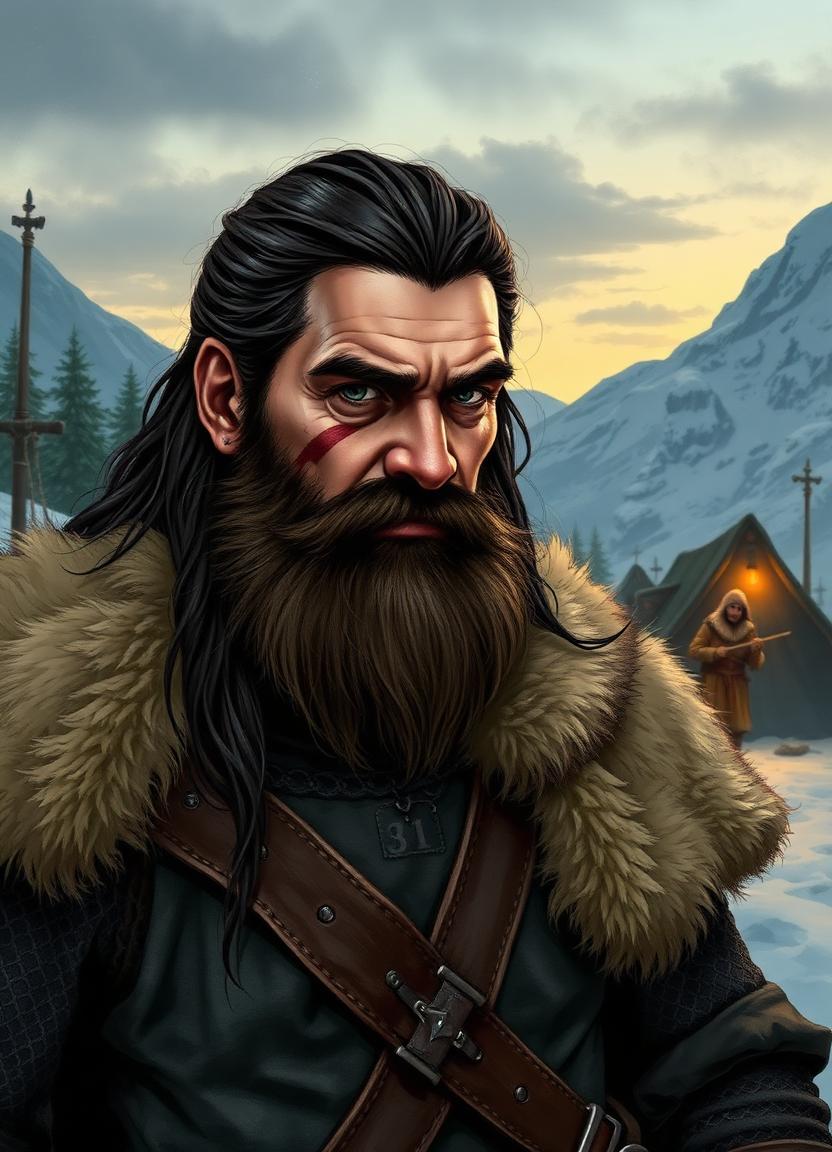 Darius — scarred mercenary in furs and chainmail at a snowy mountain camp