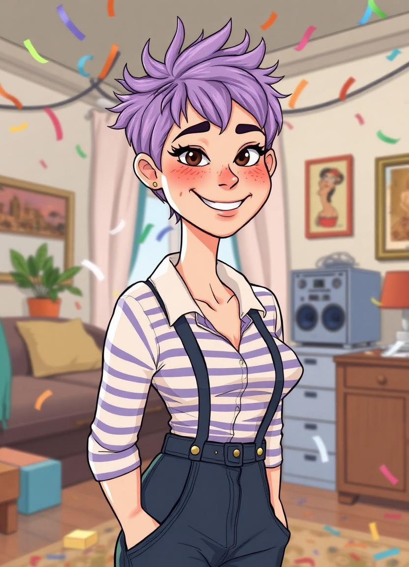 Pip — playful cartoon prankster with lavender hair amid confetti