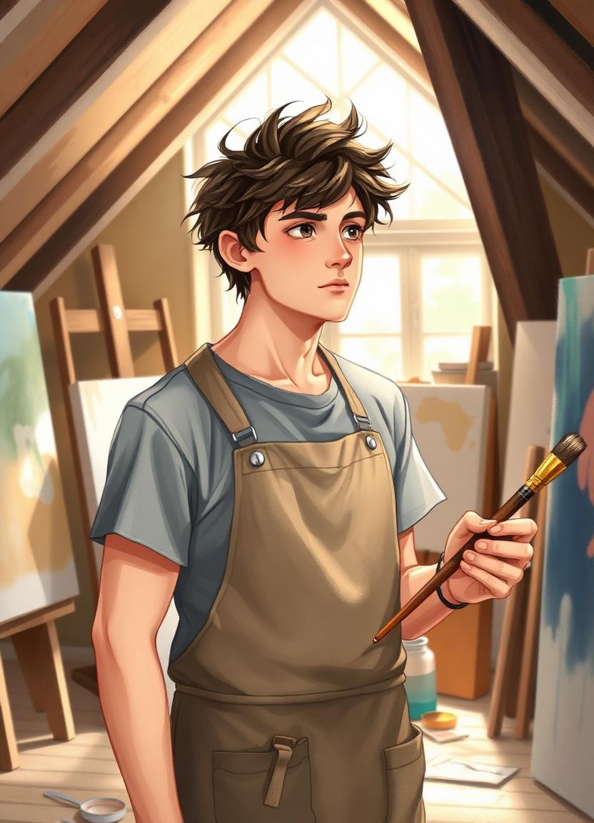 Theo — gentle painter in a paint-flecked apron in a sunlit attic studio