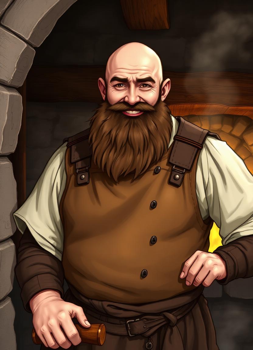 Bram — broad blacksmith in a soot-stained apron beside a glowing forge