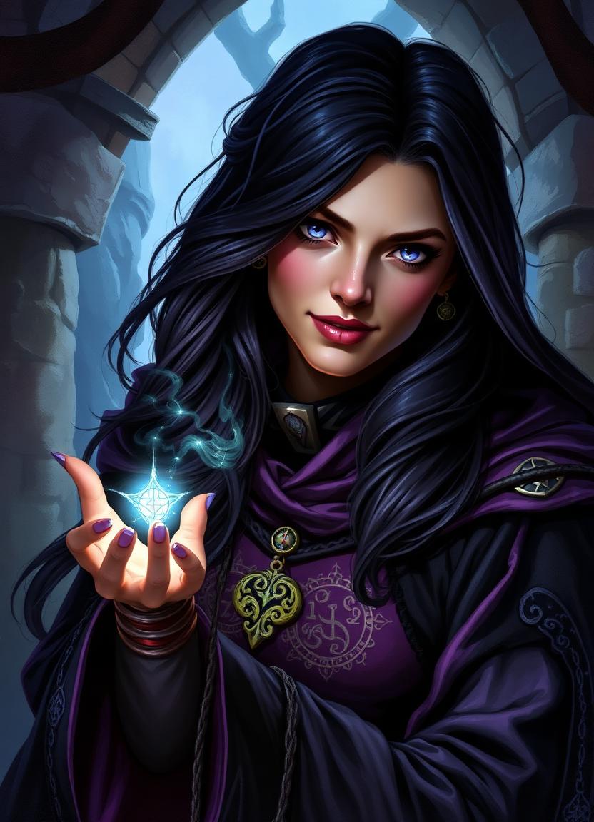 Morgana — raven-haired sorceress with glowing runes in a dark stone tower